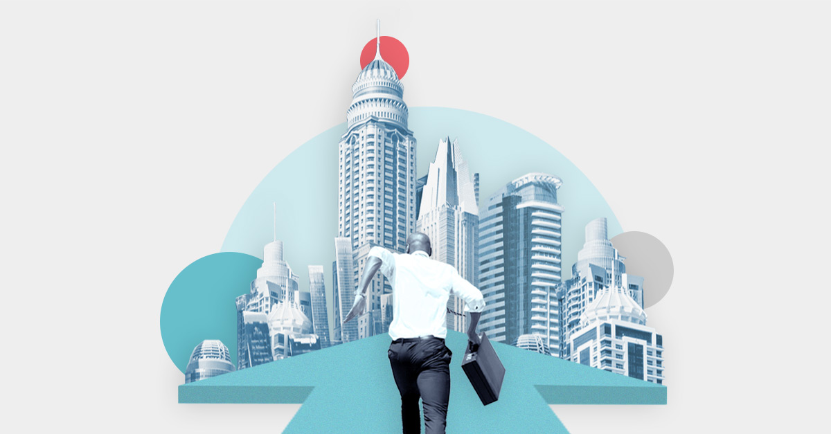  Collage illustration with a businessman running on top of an arrow heading to a city with tall buildings